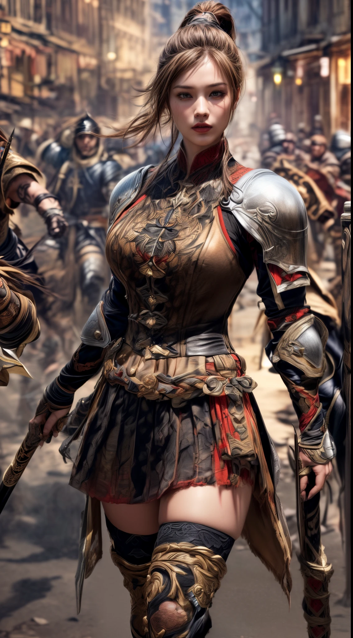 Very beautiful woman、Very tall woman、((logic))、(Detailed face)、Realistic Skin、((Knights of the Earth)), (((Light brown and black armor:1.25)))、((((非常に繊細で装飾が施されたLight brown and black armor))))、((Delicate photo)),(Girl Astepeace RAW Photo Details:1.25), (Highest quality:1.6), (Ultra-high resolution:1.5), (Realistic:1.75), 8K resolution, Canon EOS R5, 50mm, Absurd, Super detailed,Cinema Lighting,Battlefields of Medieval Europe、((Fight))、RPG World、Final Fantasy、(((Decorative skirt)))、Thigh-high socks、Shingard、night、((((Messy center parted high ponytail))))、((Get a six pack))、Torn Cloak、((Beautiful Armor))、(((Huge Weapons)))、In combat、The wind is blowing、(((Leading a large group of knights:1.3)))、(((Knight Commander)))、(banner)、Ape coat of arms、(((The main color is light brown)))、(((Black tribal tattoos)))、Dust、(((Wearing fur)))、(Rocky area)、(((Battle Scenes)))