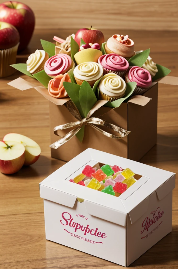 Create an advertising image of a decorative arrangement of a box that has a cupcake, Sweet gummies, SNAKE, small juice, Apple,
