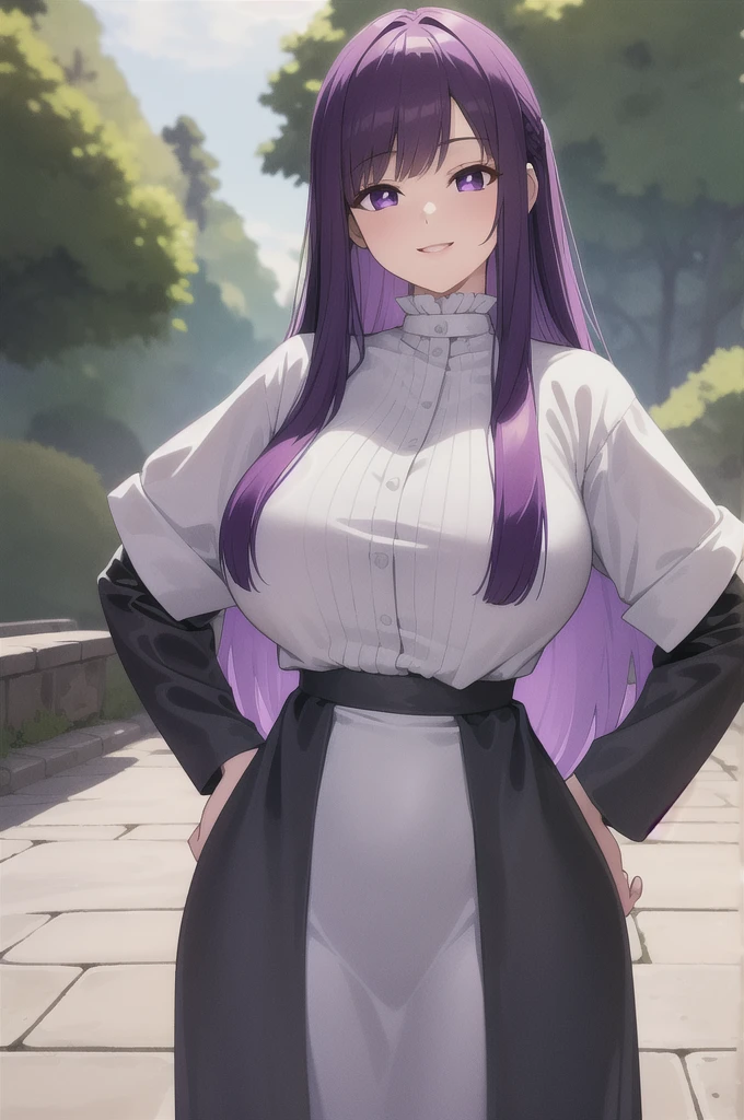 best quality, masterpiece, 1girl, (solo:1.1), raytracing, ultra detailed,detailed face, 8k wallpaper, wide , FernNDV, 1girl, purple hair, purple eyes, , long hair, , black robe, white shirt, smile, outdoor, hands on 