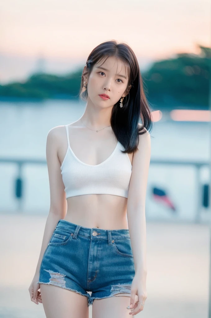 (Best quality, 8k, 32k, Masterpiece, UHD:1.2), 1girl, beautiy Japanese woman, a woman in denim shorts posing on the beach at sunset, long hair, Lee Ji Eun, hot with shining sun, casual pose, lee ji-eun, lee ji - eun, gorgeous young korean woman, korean girl, beautiful young korean woman, korean women's fashion model, sakimichan, IU