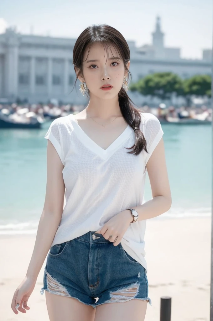 (Best quality, 8k, 32k, Masterpiece, UHD:1.2), 1girl, beautiy Japanese woman, a woman in denim shorts posing on the beach at sunset, long hair, Lee Ji Eun, hot with shining sun, casual pose, lee ji-eun, lee ji - eun, gorgeous young korean woman, korean girl, beautiful young korean woman, korean women's fashion model, sakimichan, IU