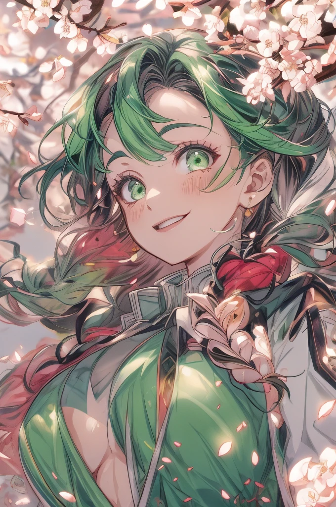 cheddarcheems, mitsuri(demon slayer), large breasts, upper body, haori, bangs, 1girl,green hair, demon slayer uniform, gradient hair, solo, jacket, multicolored hair, cherry blossoms, floating petals, light particles, smile, green eyes, twin braids, ope mouth,>_masterpiece, bestquality, ultra-detailed, detailed scenery, cinematic effect,mitsuri(demon slayer)