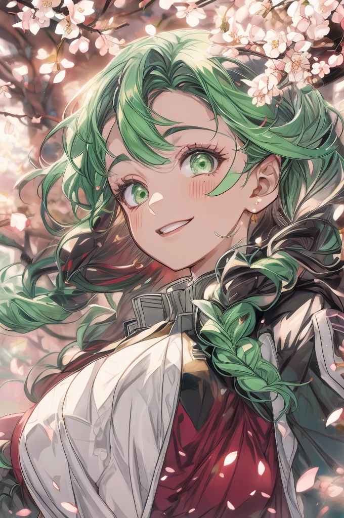 cheddarcheems, mitsuri(demon slayer), large breasts, upper body, haori, bangs, 1girl,green hair, demon slayer uniform, gradient hair, solo, jacket, multicolored hair, cherry blossoms, floating petals, light particles, smile, green eyes, twin braids, ope mouth,>_masterpiece, bestquality, ultra-detailed, detailed scenery, cinematic effect,mitsuri(demon slayer)