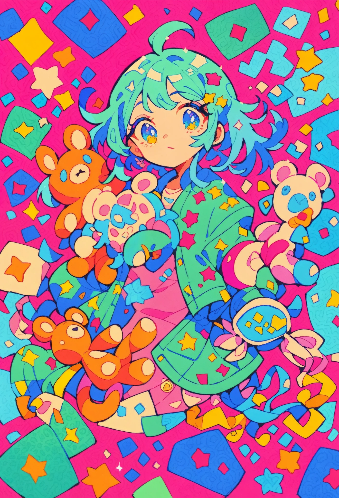 masterpiece, best quality, extremely detailed CG unity 8k wallpaper, Good morning, 1girl, Pink background, geometric pattern filled with toys and stuffed animals, octane rendering style, particle light throughout, digital art,