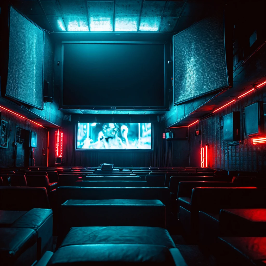 Dark neon huge cinema with huge square screen