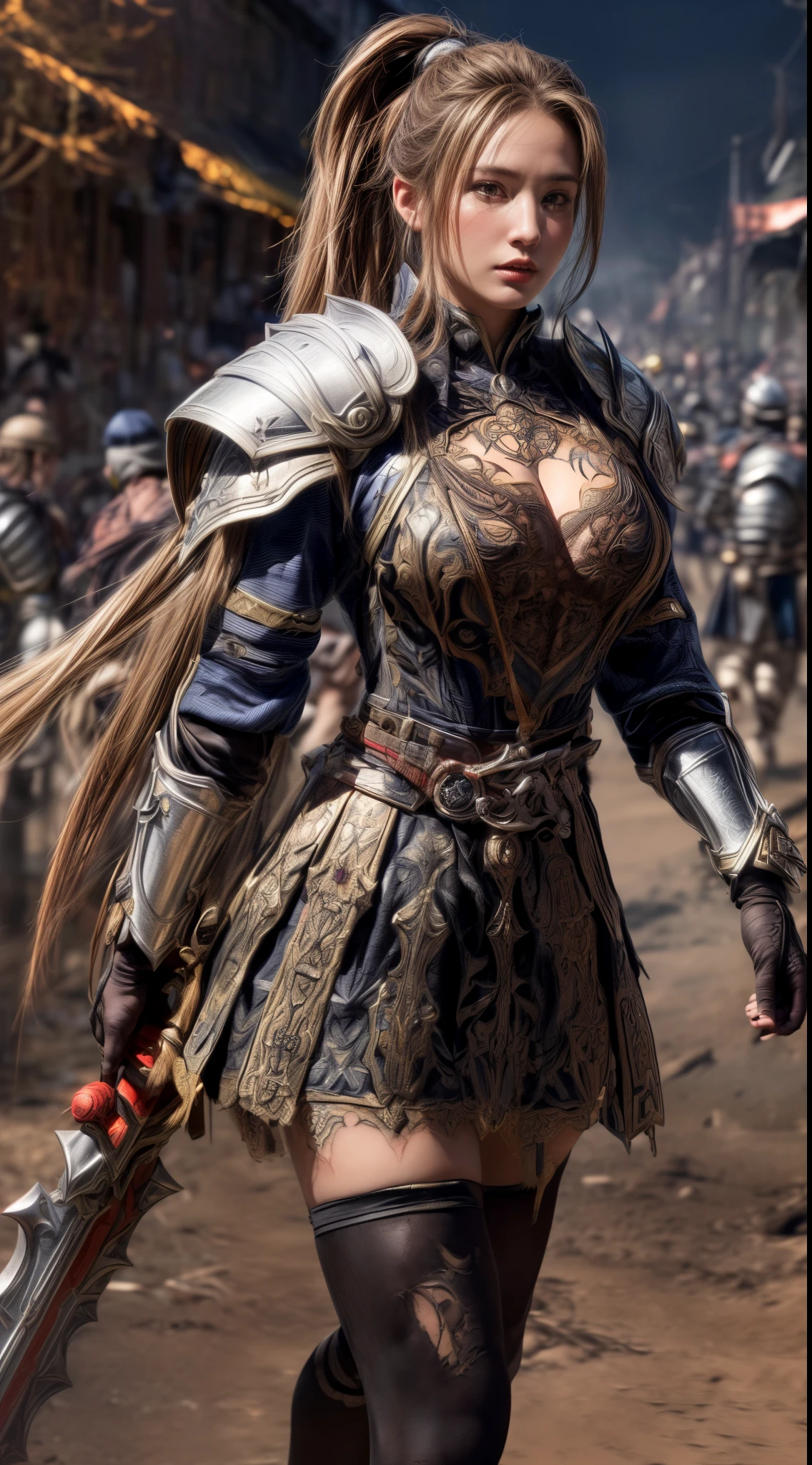 Very beautiful woman、Very tall woman、((logic))、(Detailed face)、Realistic Skin、((Knights of the Earth)), (((Light brown and black armor:1.25)))、((((非常に繊細で装飾が施されたLight brown and black armor))))、((Delicate photo)),(Girl Astepeace RAW Photo Details:1.25), (Highest quality:1.6), (Ultra-high resolution:1.5), (Realistic:1.75), 8K resolution, Canon EOS R5, 50mm, Absurd, Super detailed,Cinema Lighting,Battlefields of Medieval Europe、((Fight))、RPG World、Final Fantasy、(((Decorative skirt)))、Thigh-high socks、Shingard、night、((((Messy center parted high ponytail))))、((Get a six pack))、Torn Cloak、((Beautiful Armor))、(((Huge Weapons)))、In combat、The wind is blowing、(((Leading a large group of knights:1.3)))、(((Knight Commander)))、(banner)、Ape coat of arms、(((The main color is light brown)))、(((Black tribal tattoos)))、Dust、(((Wearing fur)))、(Rocky area)、(((Battle Scenes)))