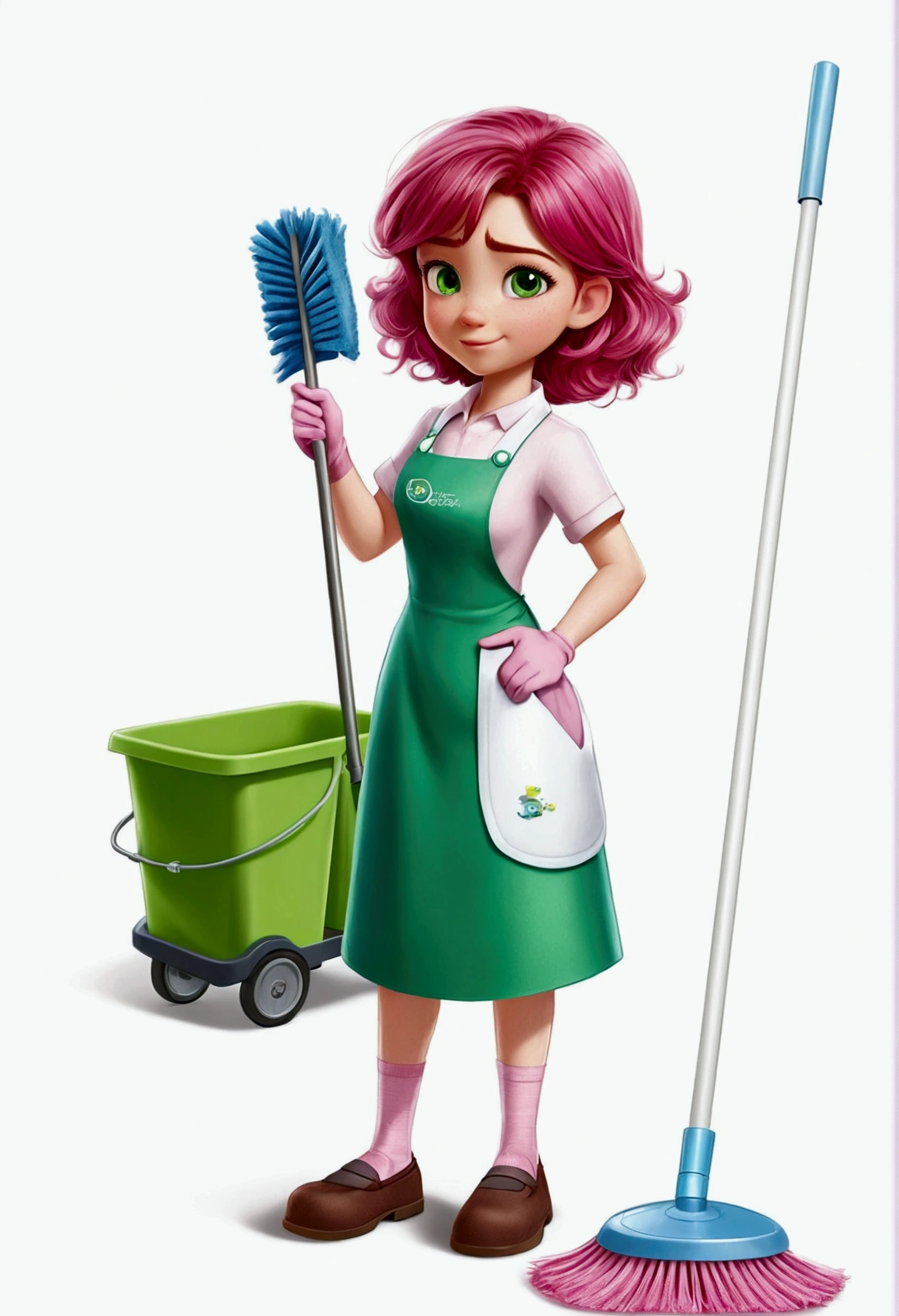 Brown hair, green eye, cleaning staff, cleaning articles,1 girl, wearing pink, full body, White background, artwork, pink hair ornament, full HD, Disney Pixar Animations style