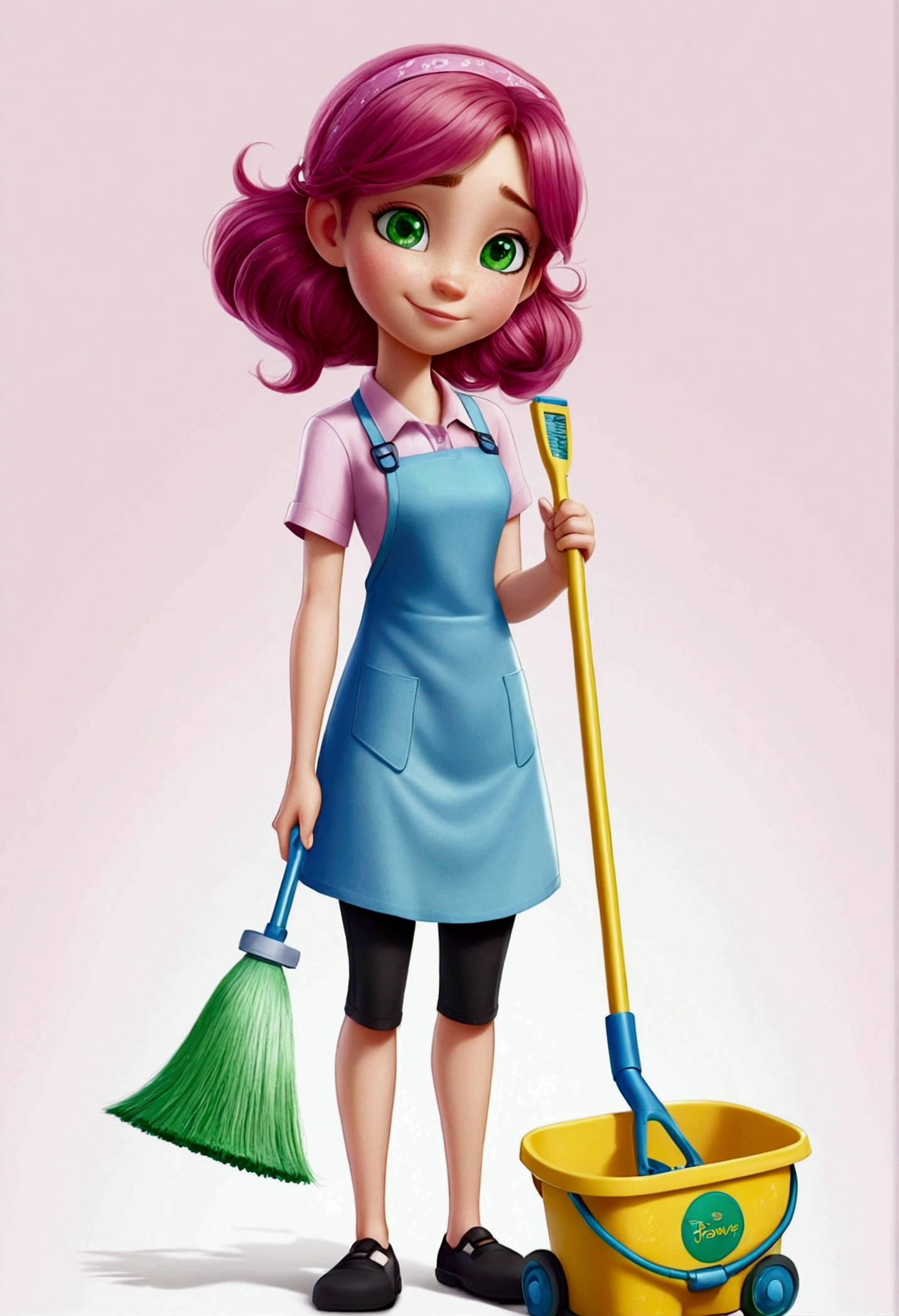 Brown hair, green eye, cleaning staff, cleaning articles,1 girl, wearing pink, full body, White background, artwork, pink hair ornament, full HD, Disney Pixar Animations style