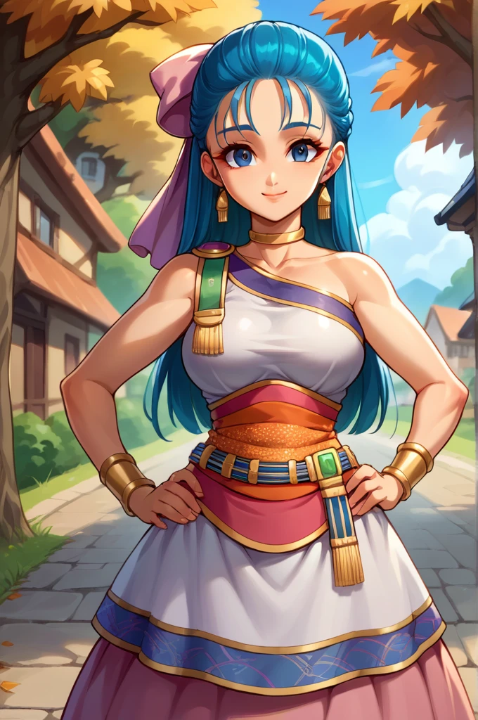 score_9, score_8_up, score_7_up, score_6_up, source_anime, BREAK 1girl, nera, hair bow, bracelet, choker, earrings, long dress, sash, looking at you, medium breasts, village, trees, blue sky, happy, smile, closed mouth, hands to hips, autumn