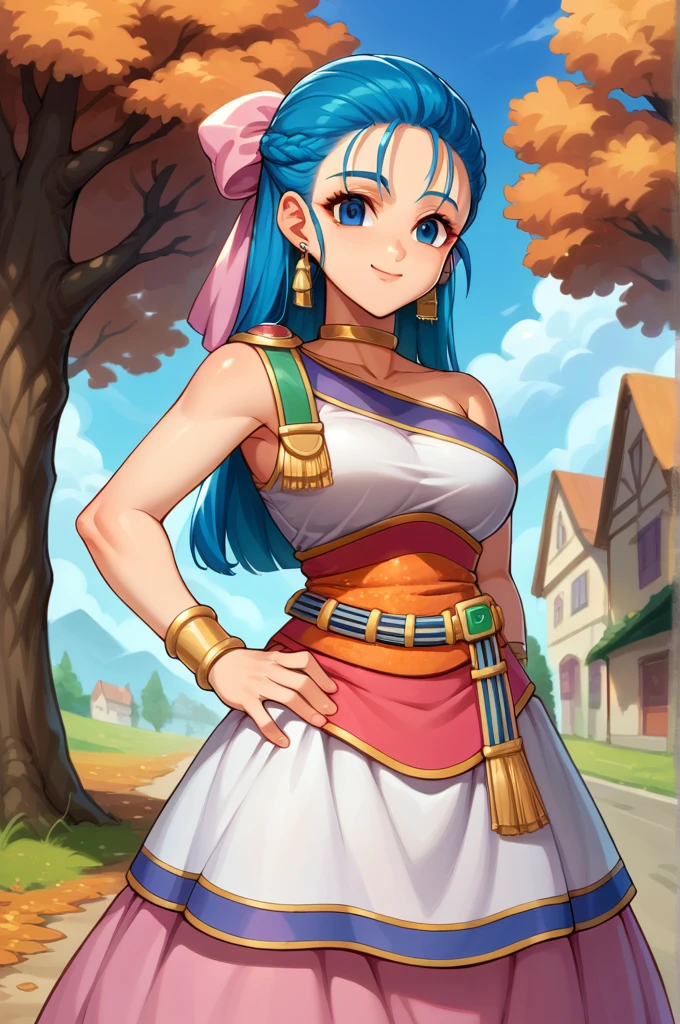 score_9, score_8_up, score_7_up, score_6_up, source_anime, BREAK 1girl, nera, hair bow, bracelet, choker, earrings, long dress, sash, looking at you, medium breasts, village, trees, blue sky, happy, smile, closed mouth, hands to hips, autumn