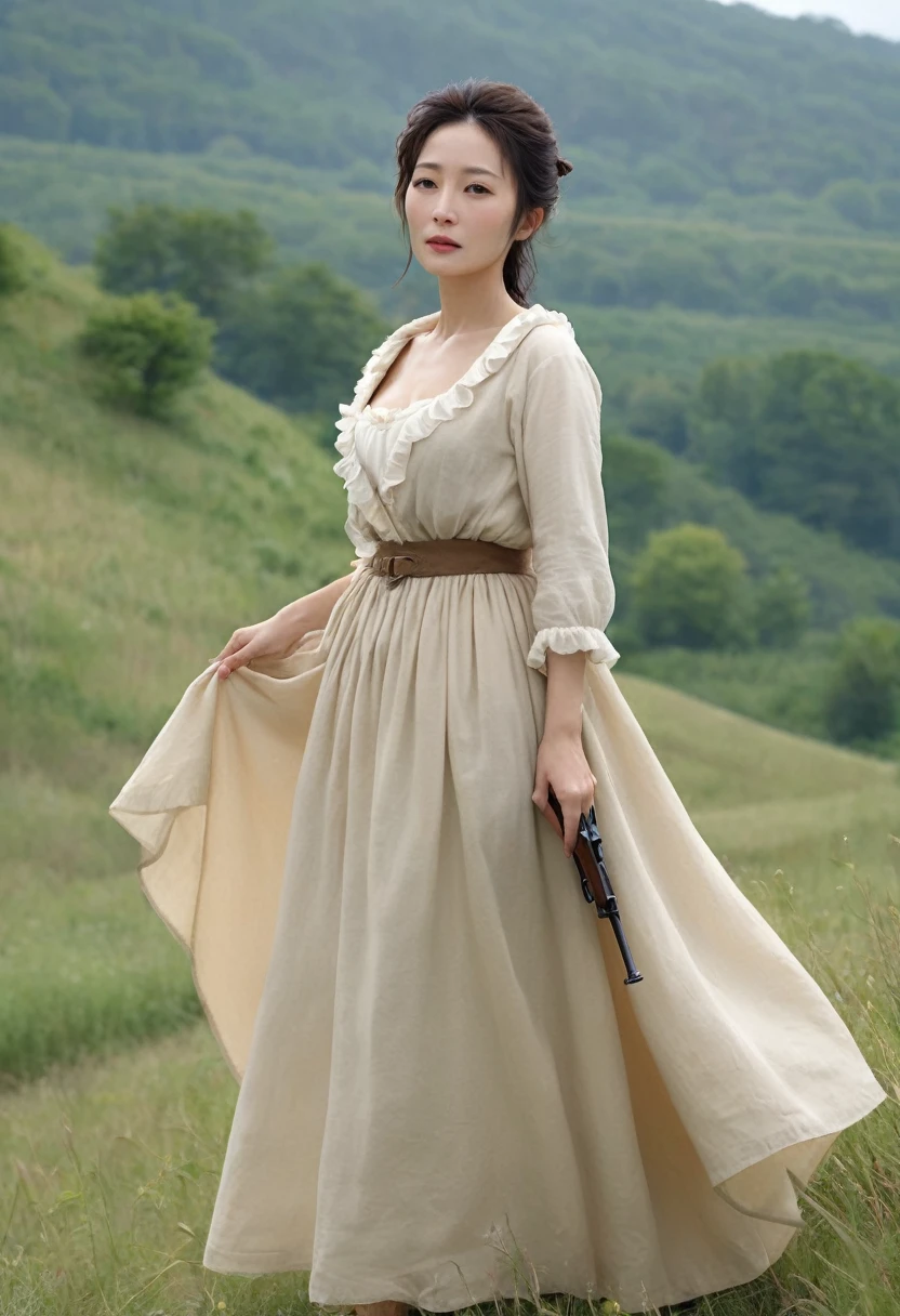 Highest quality、high detail、Ultra-realistic、「french revolution」A famous scene from、A beautiful woman runs up a hill with a French flag and a shotgun、White skin、My body is dirty in places with dust.、She is wearing a light beige dress with an open collar and frills.、Breast fully exposed、Super huge droopy udder、Erect nipples、Cloudy sky with dark clouds that look like it might rain,「Goddess of the French Revolution」,Japanese Mature,55 years old