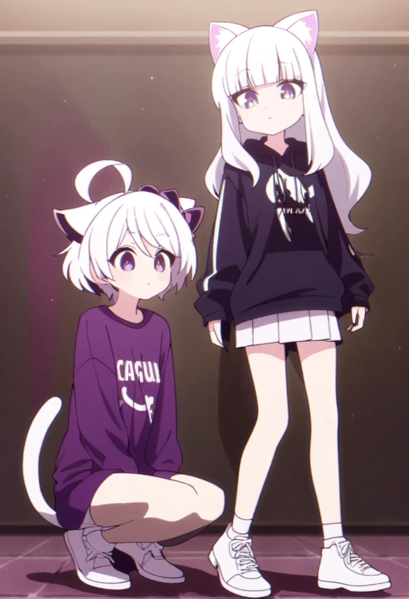 Make a man, 2d with female features white hair, cat ears and tail the same color as the hair, casual purple and white femboy outfits, Light purple eyes mixed with dark feminine features, artwork style:Masayoshi Tanaka