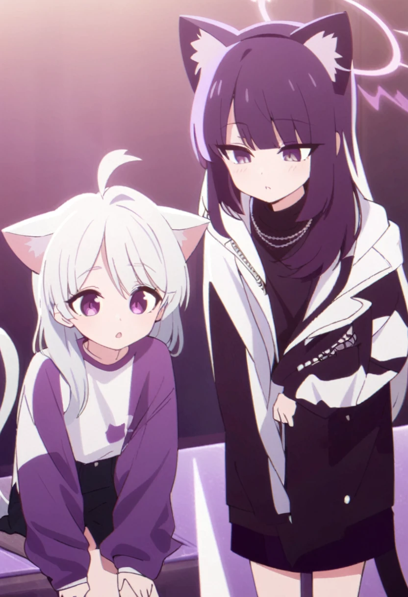 Make a man, 2d with female features white hair, cat ears and tail the same color as the hair, casual purple and white femboy outfits, Light purple eyes mixed with dark feminine features, artwork style:Masayoshi Tanaka