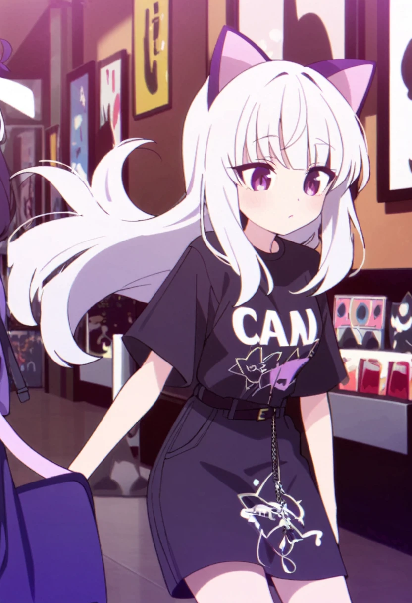 Make a man, 2d with female features white hair, cat ears and tail the same color as the hair, casual purple and white femboy outfits, Light purple eyes mixed with dark feminine features, artwork style:Masayoshi Tanaka