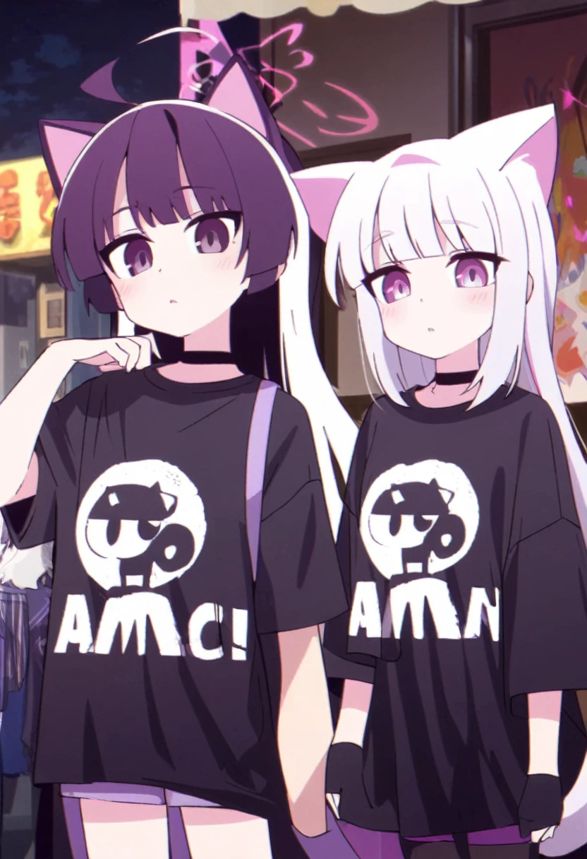 Make a man, 2d with female features white hair, cat ears and tail the same color as the hair, casual purple and white femboy outfits, Light purple eyes mixed with dark feminine features, artwork style:Masayoshi Tanaka