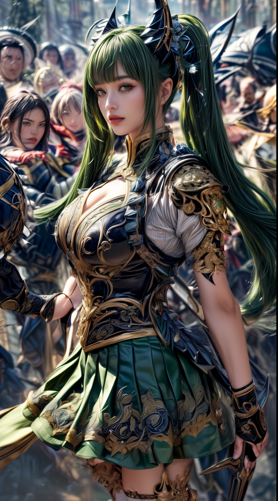 Very beautiful girl、Laughter、thin、(((Low length)))、(Detailed face)、Realistic Skin、((Holy Knight)), ((Dark green armor))、((((A black armor with extremely detailed and intricate decoration.:1.1))))、((Delicate photo))，(Girl Astepeace RAW Photo Details:1.25), (Highest quality:1.6), (Ultra-high resolution:1.5), (Realistic:1.75), 8K resolution, Canon EOS R5, 50mm, Absurd, Super detailed,Cinema Lighting,((Fightfield))、((Fight))、(((Decorative green skirt)))、Thigh-high socks、Shingard、((Dark green hair))、((Twin tails))、((Hairstyle with bangs))、Get a six pack、Cape、Beautiful Armor、(((Has a huge weapon)))、(In combat)、The wind is blowing、((Symmetrical armor))、((((tornado))))、(((Lead a large group of knights:1.2)))、banner、Lion-themed armor