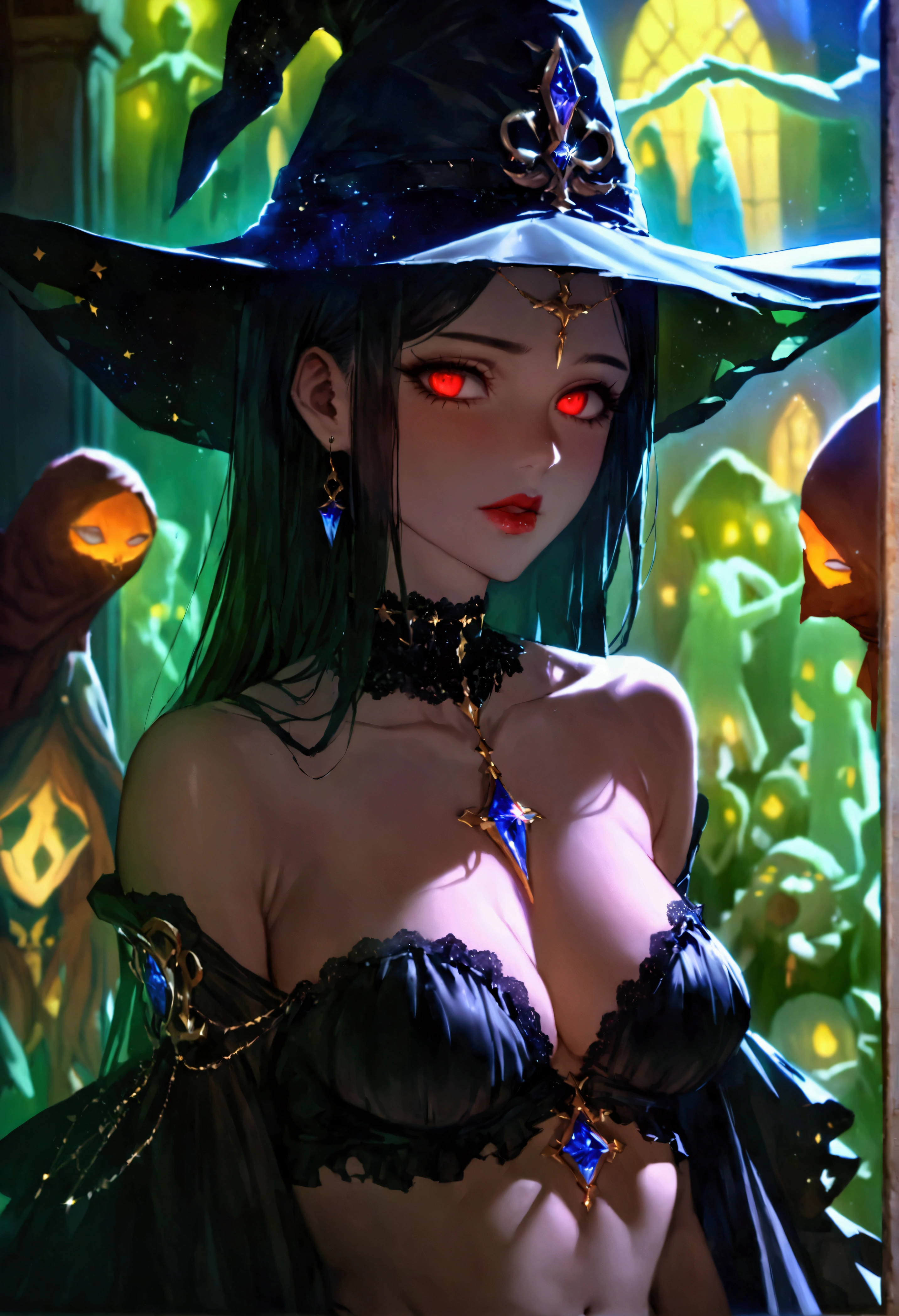 Sexy photo of the most beautiful work of art in the world, illustration, cinematic light, Fancy, high resolution, Superior quality, ultra detailed, Best Quality, Masterpiece, (detailed face), sexy mature woman with shirt and full body (torn) (transparent galaxy) screen shelter, floating fabric, meat , choker, bright (Fancy criminal para personas mayores) Forest plants with neon details, shoulders abiertos, pequeña mariposa bright, with a broken witch hat (focus on the body: 1,25 ), evening, small mutated animals in the background, torn miniskirt, a potion on the hip, shoulders, radiating magical energy, Camel leg, darkness, light reflection, ((32 year old woman)) , black underwear,(with sexy legs )、(journey)、(supine)、Head with long black hair,love game,Forced orgasm,squirt, ecstasy, I play with the urethra, ((women's casual clothing ),(high quality, realist, ultra detailed),blood mage ,dark and gloomy magical atmosphere,old church with biblical windows,beautiful woman with piercing red eyes,1woman surrounded by ethereal spirits and followers,((cult queen)),darkness eterna y profunda,penitent ghosts,group of humanoid spirits