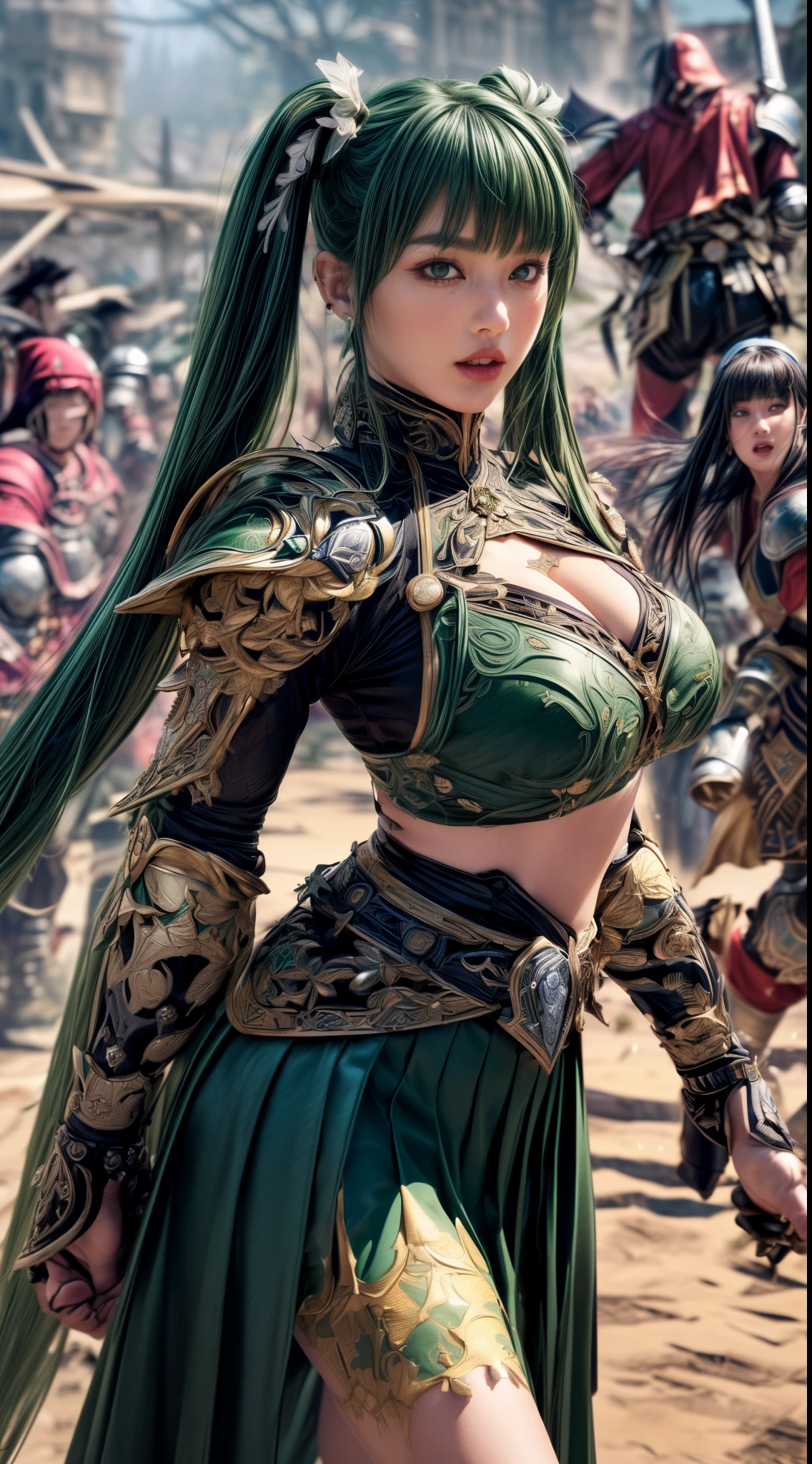 Very beautiful girl、Laughter、thin、(((Low length)))、(Detailed face)、Realistic Skin、((Holy Knight)), ((Dark green armor))、((((A black armor with extremely detailed and intricate decoration.:1.1))))、((Delicate photo))，(Girl Astepeace RAW Photo Details:1.25), (Highest quality:1.6), (Ultra-high resolution:1.5), (Realistic:1.75), 8K resolution, Canon EOS R5, 50mm, Absurd, Super detailed,Cinema Lighting,((Fightfield))、((Fight))、(((Decorative green skirt)))、Thigh-high socks、Shingard、((Dark green hair))、((Twin tails))、((Hairstyle with bangs))、Get a six pack、Cape、Beautiful Armor、(((Has a huge weapon)))、(In combat)、The wind is blowing、((Symmetrical armor))、((((tornado))))、(((Lead a large group of knights:1.2)))、banner、Lion-themed armor