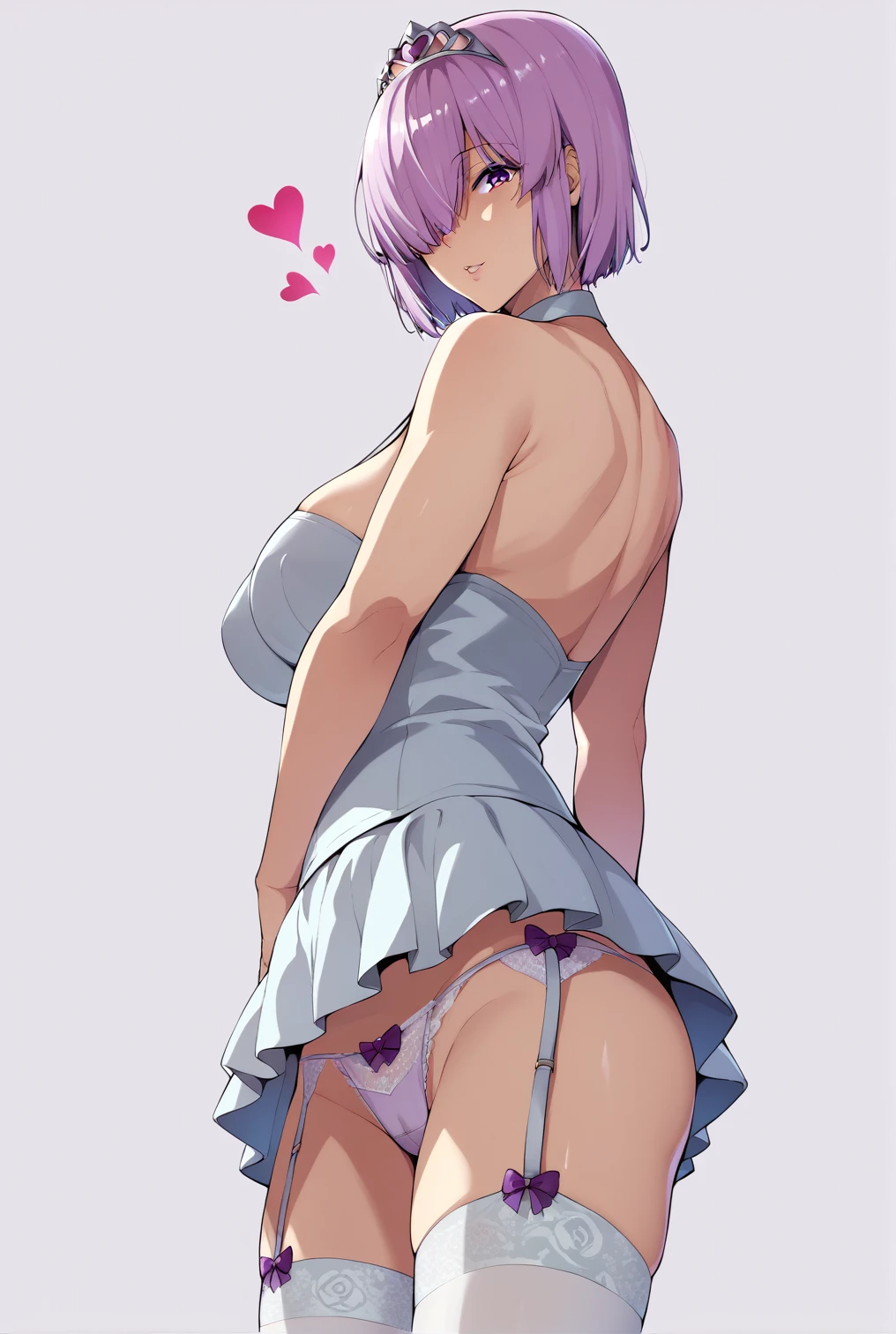 Multiple used condoms、front、Ultra-detailed illustrations、Ultra-precise expression、masterpiece、Highest quality、ultra High resolution、High resolution、Hiromitsu Takeda Style、Angle from the side、White background、Simple Background、Character portrait、One girl、solo、Mash Kyrielight、light purple hair,short hair,hair over one eyes、Wedding dress、Heart Tiara、mini skirt、White tights、Frill Panties、garter belt、