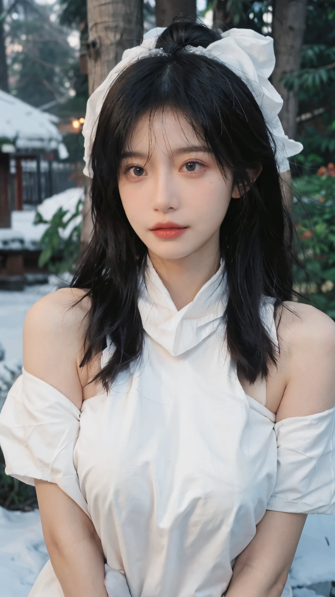 Portrait photography,1 girl,snow,Snow Scene,Heavy makeup,Bare shoulders,Lipstick,(Big breasts:1.4),Shoulder-Length Wavy Hair,Wear a necklace,scarf,Earring short sleeves,serene,calm,(Realistic and detailed eyes,Natural skin texture,Realistic facial details),whole body:1.4,