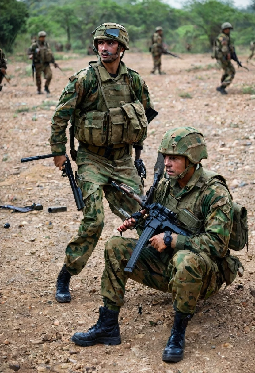 soldiers armed with rifles injured with holes on their bodies