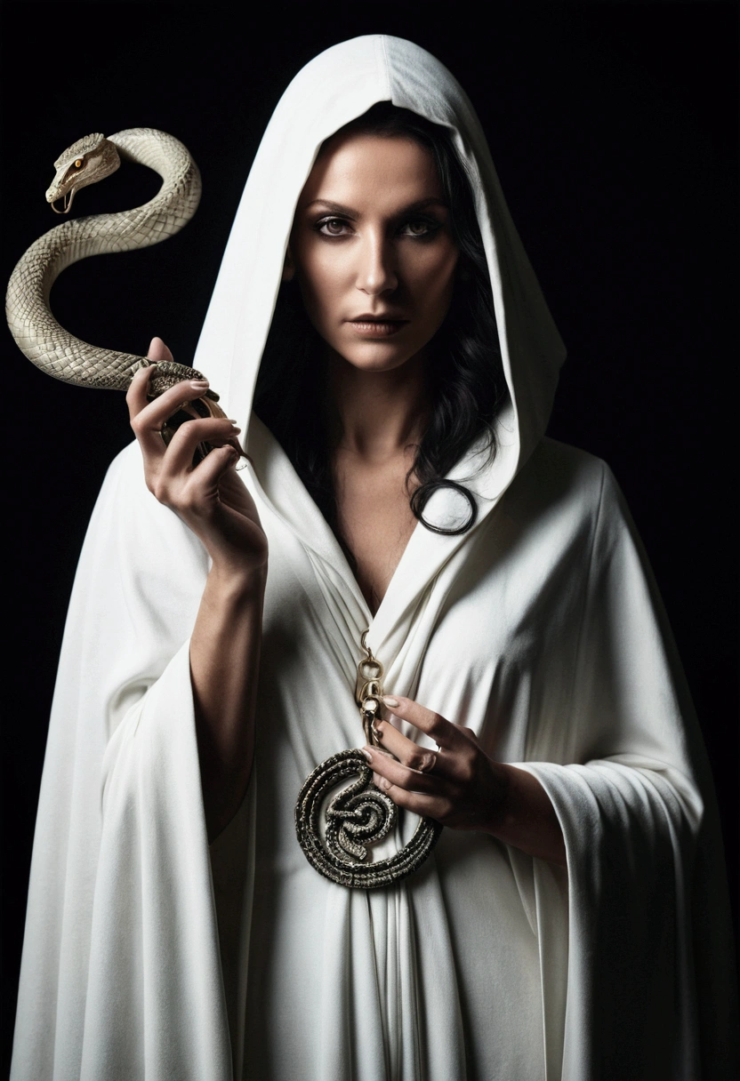  A woman wears a white cloak, with a serpent coiled under his body. She is Hekate Deichteira, The One Who Teaches. She approaches and hands you a white key