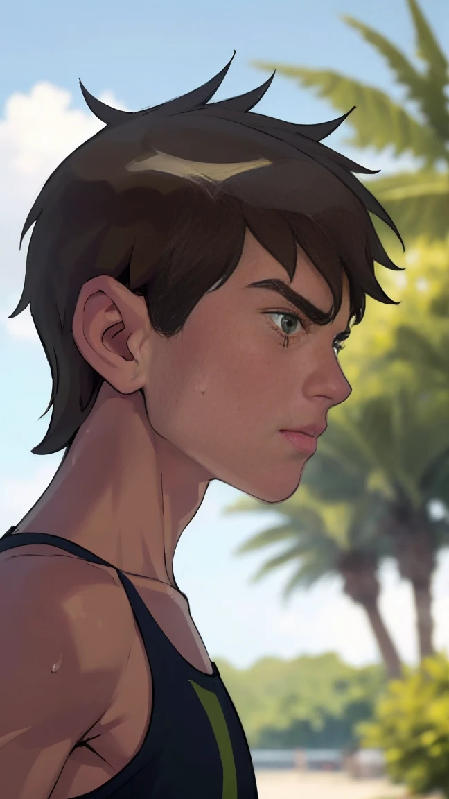 a highly detailed and realistic portrait of a young man with green eyes wearing a tank top, seen from the side, with visible armpit, sweating on a hot summer day, (photorealistic, 8k, best quality, masterpiece:1.2), 1boy, detailed green eyes, detailed tank top, sweat, summer, nude, huge penis