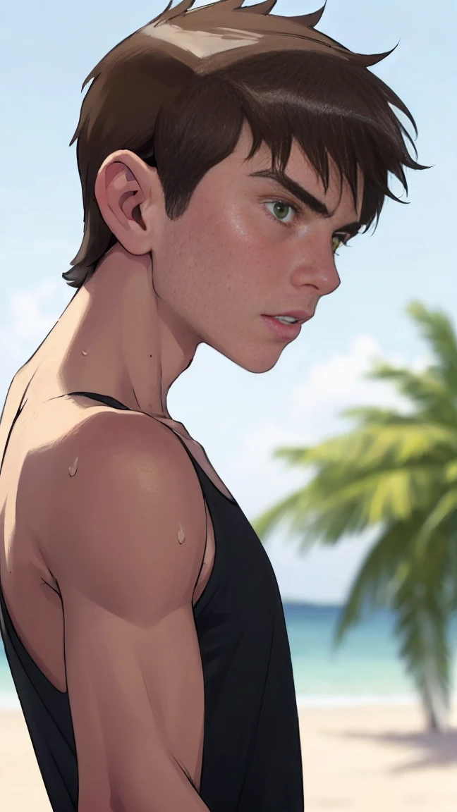 Highres, Masterpiece, Best quality at best,Best Quality, 1boy, bentennyson, green eyes, cargo pants, watch, (shirtless, topless, bare chest), close-up the body, upper body, the day, summer, (armpit)