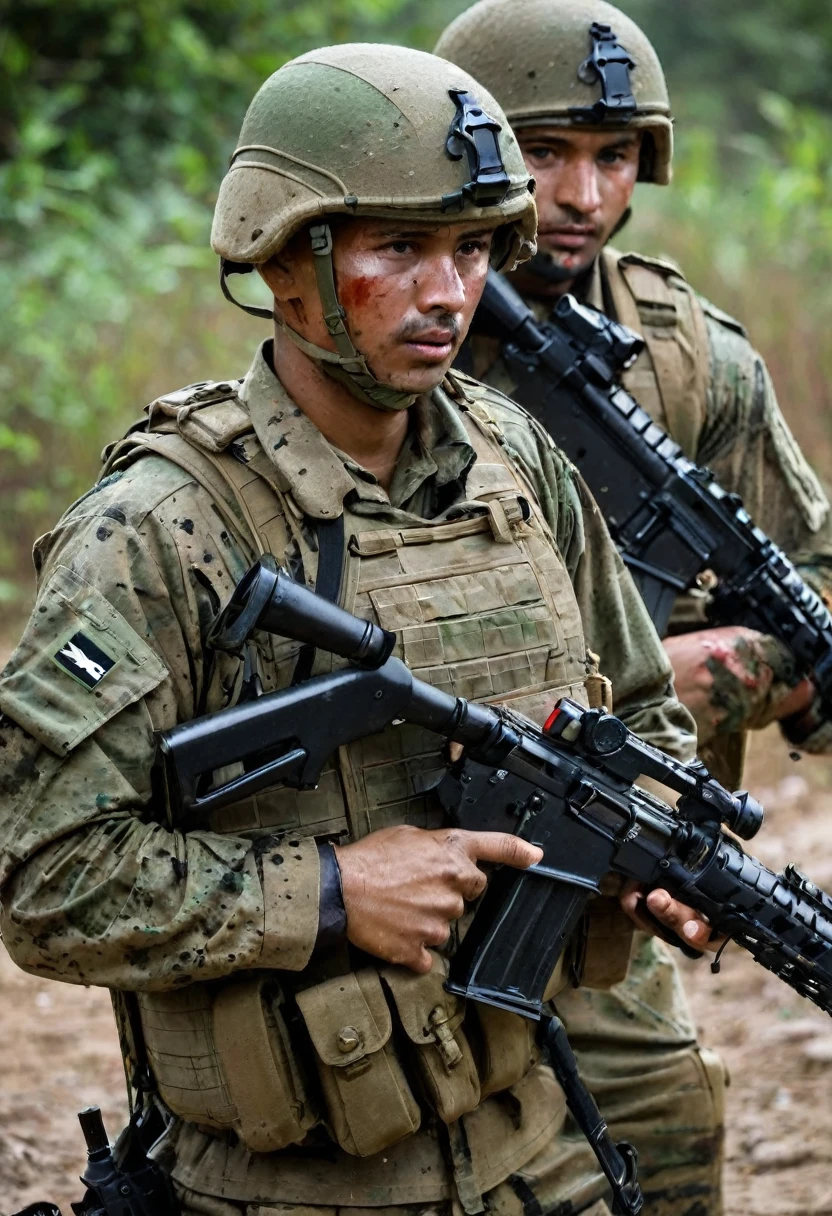soldiers armed with rifles injured with blood holes on their bodies