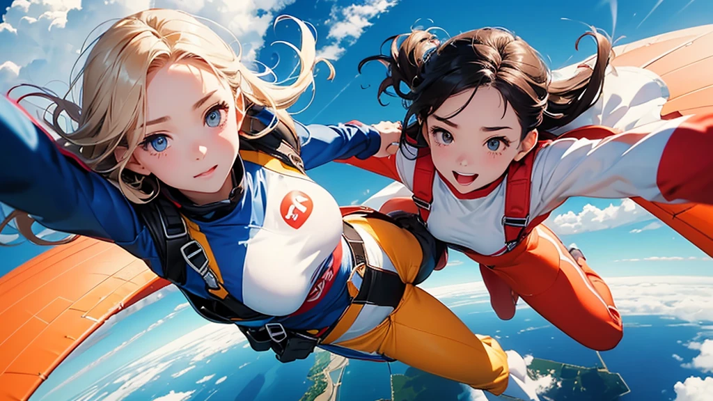 Highest quality、High resolution、Detailed Background、(Beautiful face in every detail:1.4)、Anatomically correct、(Detailed facial expressions)、(Detailed eyes:1.2)、Teenage beauty、(Highly detailed face:1.4)、Huge breasts、Perfect body line、Light color hair、Cute hairstyle、well-groomed eyebrows、Super height、A big smile、
(Super heightでスリリングなアクティビティを楽しんで興奮している4人の少女:1.5)、
Extremely excited、Ultra high tension、
I'm very excited the moment an airplane door is opened and I'm thrown into the air、
The strength of the wind and the sense of altitude The feeling of free fall you experience for the first time heightens the excitement、
The free fall from jumping off an airplane until the parachute opens is thrilling and excited-boosting、
You can test your own limits and courage while feeling the feeling of falling at a high speed and changes in the surrounding scenery、
The moment the parachute opens after completely turning from free fall, the speed decreases all at once and it shifts to a quiet atmosphere、this moment is a mixture of excitement and relief、
After the parachute opens, you can enjoy the feeling of slowly flying through the air、
The feeling of floating in the wind and taking a walk in the air while admiring the beautiful scenery also heightens the excitement、
The last step in skydiving is the moment you land safely on the ground、
You can enjoy the excitement by using a parachute to glide and timing your landing、
The skydiving experience will give you the excitement and excitement you'll never forget、
A group that skydives with friends and friends coexists with cuteness and fun、
The sight of everyone jumping into the air together is so colorful and cute、
You can also choose cute characters and colorful patterns to design your parachute、You can enjoy loveliness and excitement at the same time as the sight of big cute characters and patterns spreading in the air、
Skydiving is a thrilling and adventurous activity, but don't forget to incorporate smiles and cuteness、
Pair a sporty top with colorful shorts、
Choose bright colors or patterns for tops、
A freestyle jumpsuit is the perfect item for skydiving、
You can show off your cuteness by choosing a design with a colorful pattern or embroidery、
Pair an oversized t-shirt with colorful leggings、
Choose T-shirts with cute characters or logos printed on them、
Choose sporty sneakers that are comfortable to wear、
It's stylish and cute when you incorporate accessories such as caps and sunglasses、
Don't forget to choose the right equipment to ensure ease of movement and safety