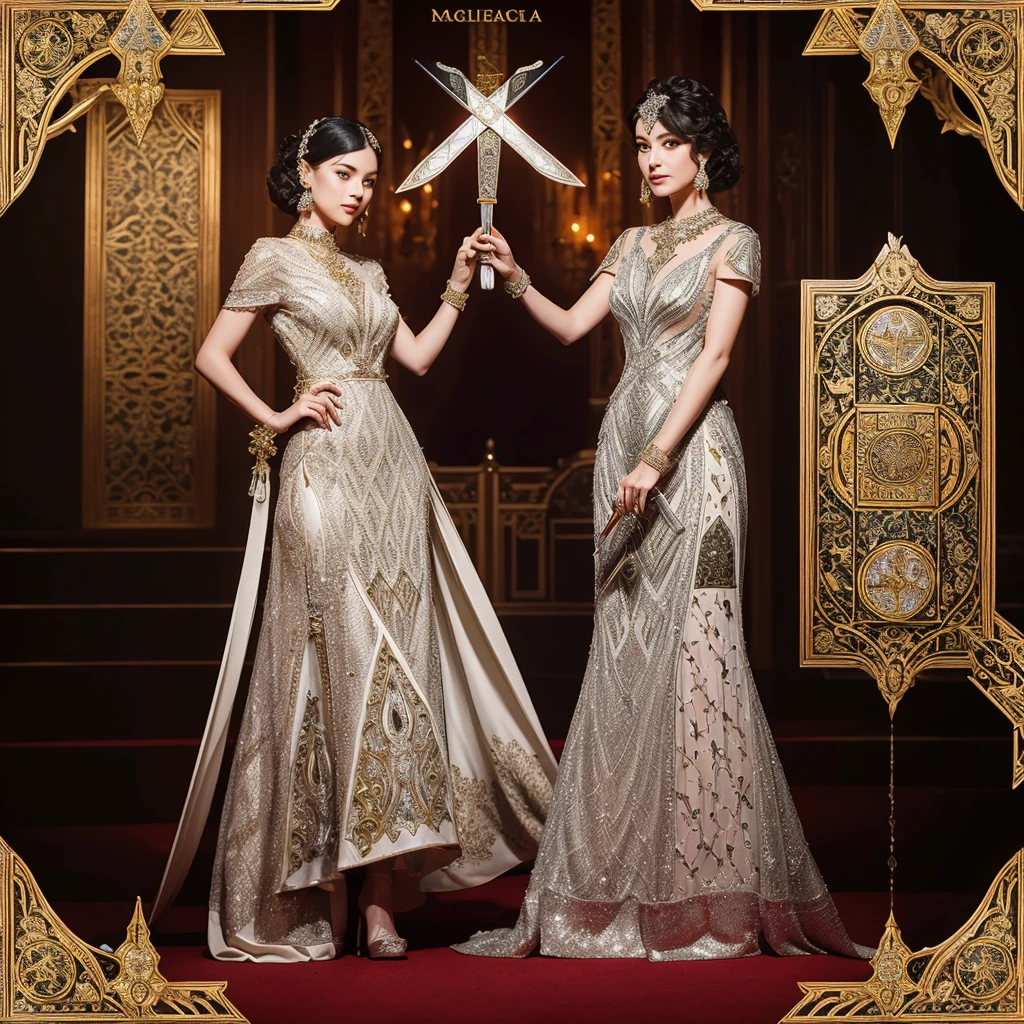 "An elegant woman wearing a stunning dress inspired by Suites playing cards. The dress features intricate cup patterns, diamonds, swords and clubs, with gold and silver details that shine in the light."