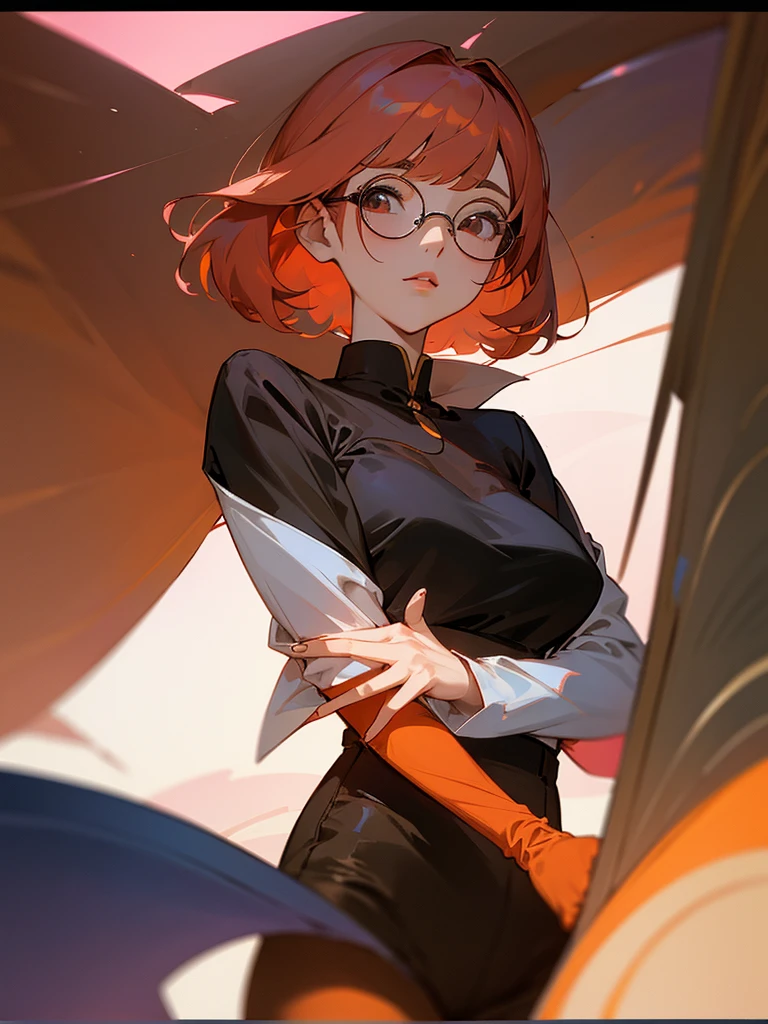 In manhwa art style young adult Korean woman 24s. Her haircut is hime cut with bangs and ginger color. Her face is oval , which carry a hopefully and cool face. Her skin is radiant and clear, and her lips is red pink. Brown color eyes are captivating and beautiful. She is wearing a black pants and blue long-sleeved and glasses blouse while inside his photographic studio