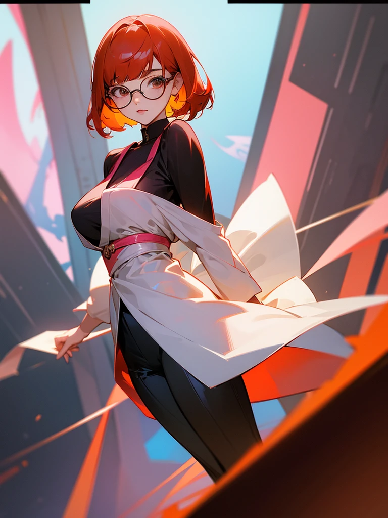 In manhwa art style young adult Korean woman 24s. Her haircut is hime cut with bangs and ginger color. Her face is oval , which carry a hopefully and cool face. Her skin is radiant and clear, and her lips is red pink. Brown color eyes are captivating and beautiful. She is wearing a black pants and blue long-sleeved and glasses blouse while inside his photographic studio