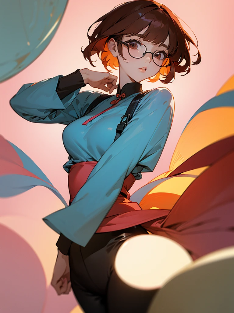 In manhwa art style young adult Korean woman 24s. Her haircut is hime cut with bangs and ginger color. Her face is oval , which carry a hopefully and cool face. Her skin is radiant and clear, and her lips is red pink. Brown color eyes are captivating and beautiful. She is wearing a black pants and blue long-sleeved and glasses blouse while inside his photographic studio