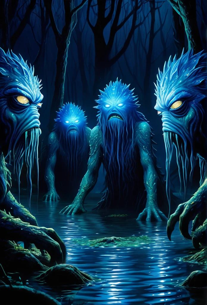 Swamp monsters covering their eyes dazzled by intense blue light