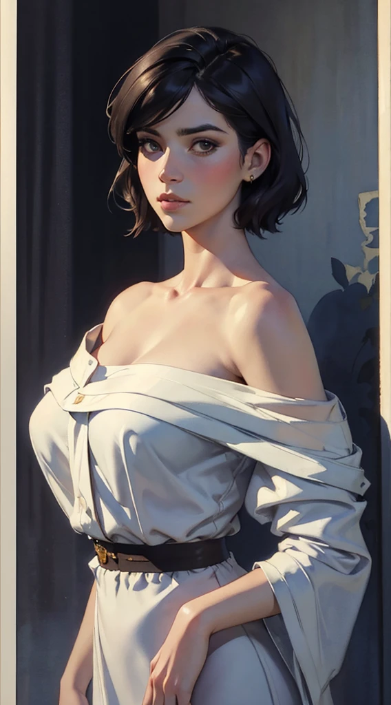 beautiful woman, very feminine, lara croft, looking at camera, relaxed pose, gental smile, short messy hair, lustrous clear skin, braless, cleavage, linen cloth shirt, victorian clothes, cell shaded, dynamic lighting, portrait, unreal engine, global illumination, detailed and intricate environment, intricate painting, HD, john william waterhouse, volumetric morning sunlight through window, back lit, perfect eyes, flowers, sharp focus, emitting diodes, smoke, artillery, sparks, racks, system unit, motherboard, by pascal blanche rutkowski repin artstation hyperrealism painting concept art of detailed character design matte painting, 4 k resolution blade runner