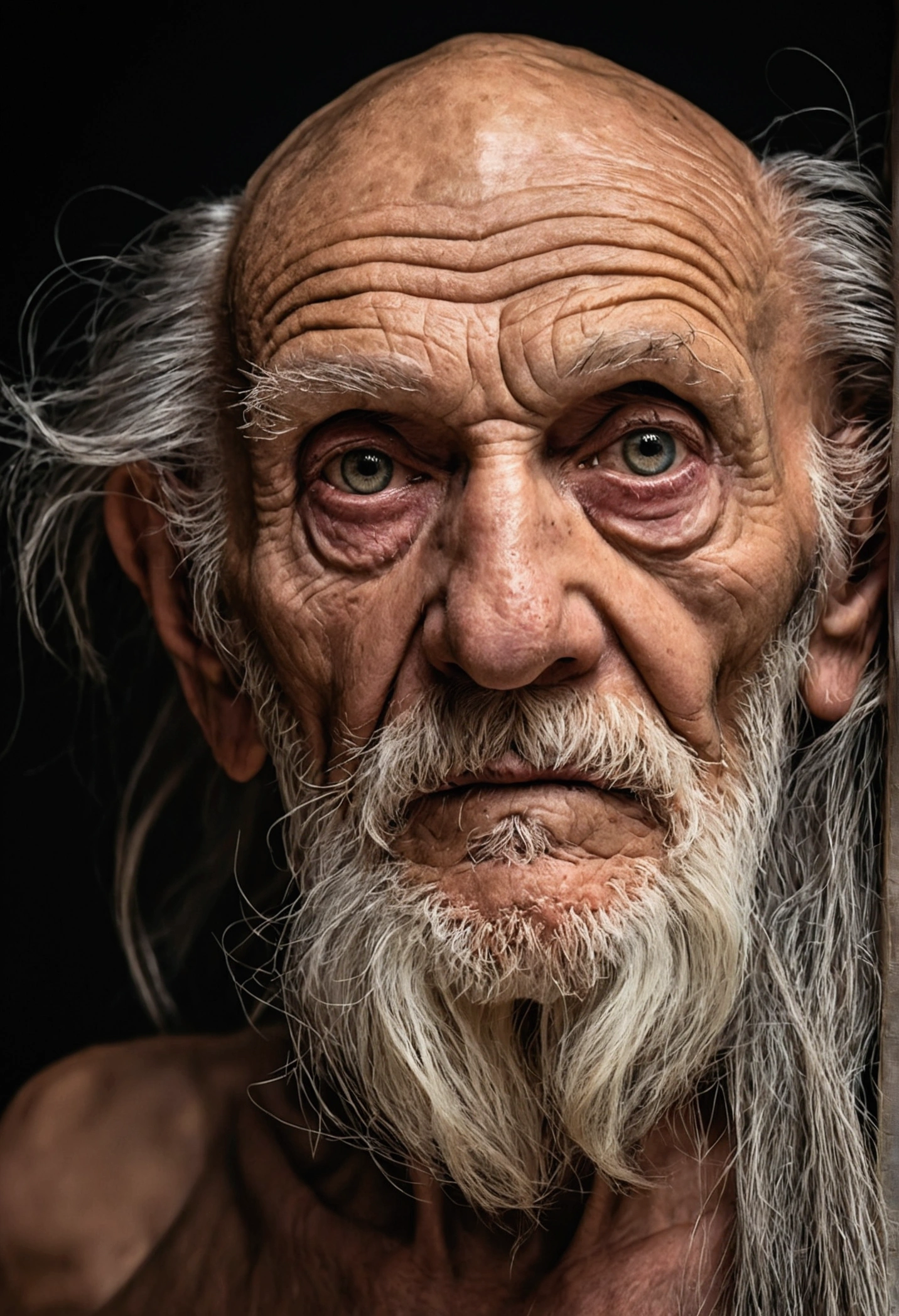 A portrait of a wizard, barba, wrinkled, senior citizen, with piercing eyes, face detailed, naked body weak older skinny hairy, High details, fot, studio shadow, rim-light, Nikon D850, 50mm, f/1.4