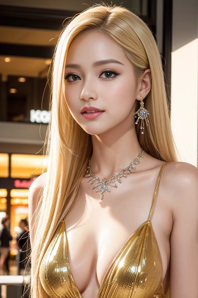 (masterpiece:1.4), (best quality:1.4), ultra high res, ultra high resolution, ((detailed facial features)), HDR, (realistic, photorealistic, photo-realistic:1.37), closeup, sexy seductive Thai woman, (seductive smile), long lashes, beautiful makeup, platinum blonde hair, fair skin, slender figure, elegant posture, wearing large sparkling colorful jewelery, wearing a business style leather dress, standing in a large shopping mall, gentle sunlight shining through the shopping mall windows, casting a soft glow on her face, adding warmth to the scene, vibrant colors, capturing the essence of vibrant city life, portrait style, showcasing her natural beauty and grace in a feminine way