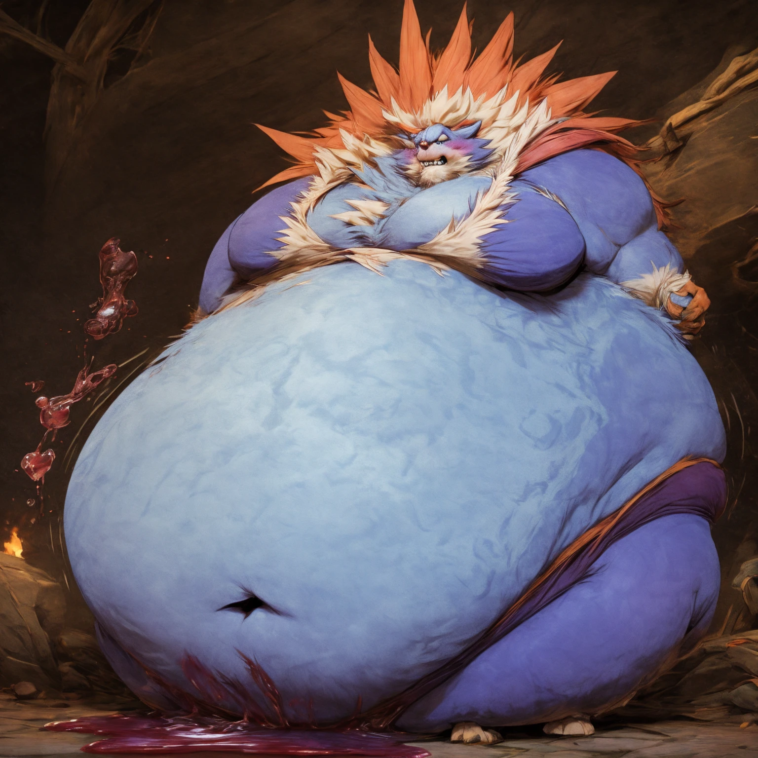 Jon Talbain Darkstalkers, Blueberry Inflation, full of juice, immobile, round body, blob body, blushing, embarrassed, gargantuan belly, big moobs