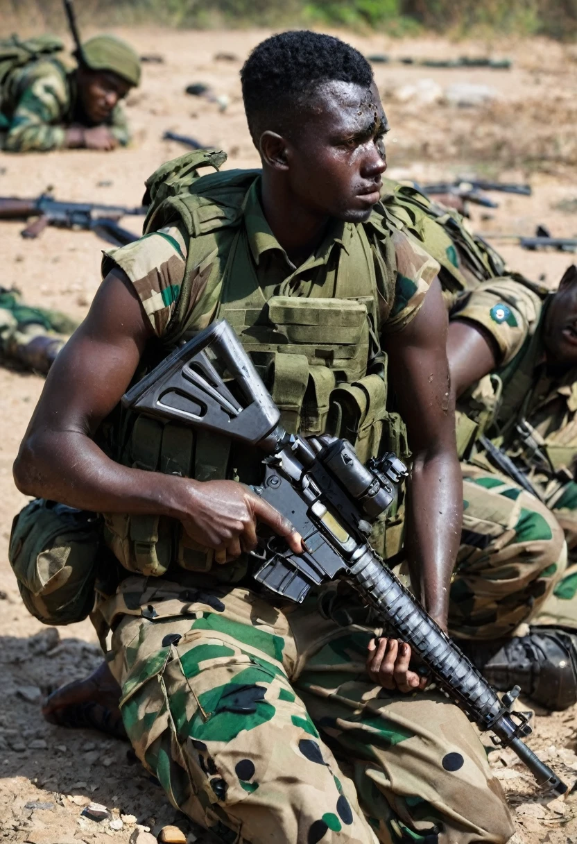 soldiers armed with rifles injured with bullet holes in their bodies