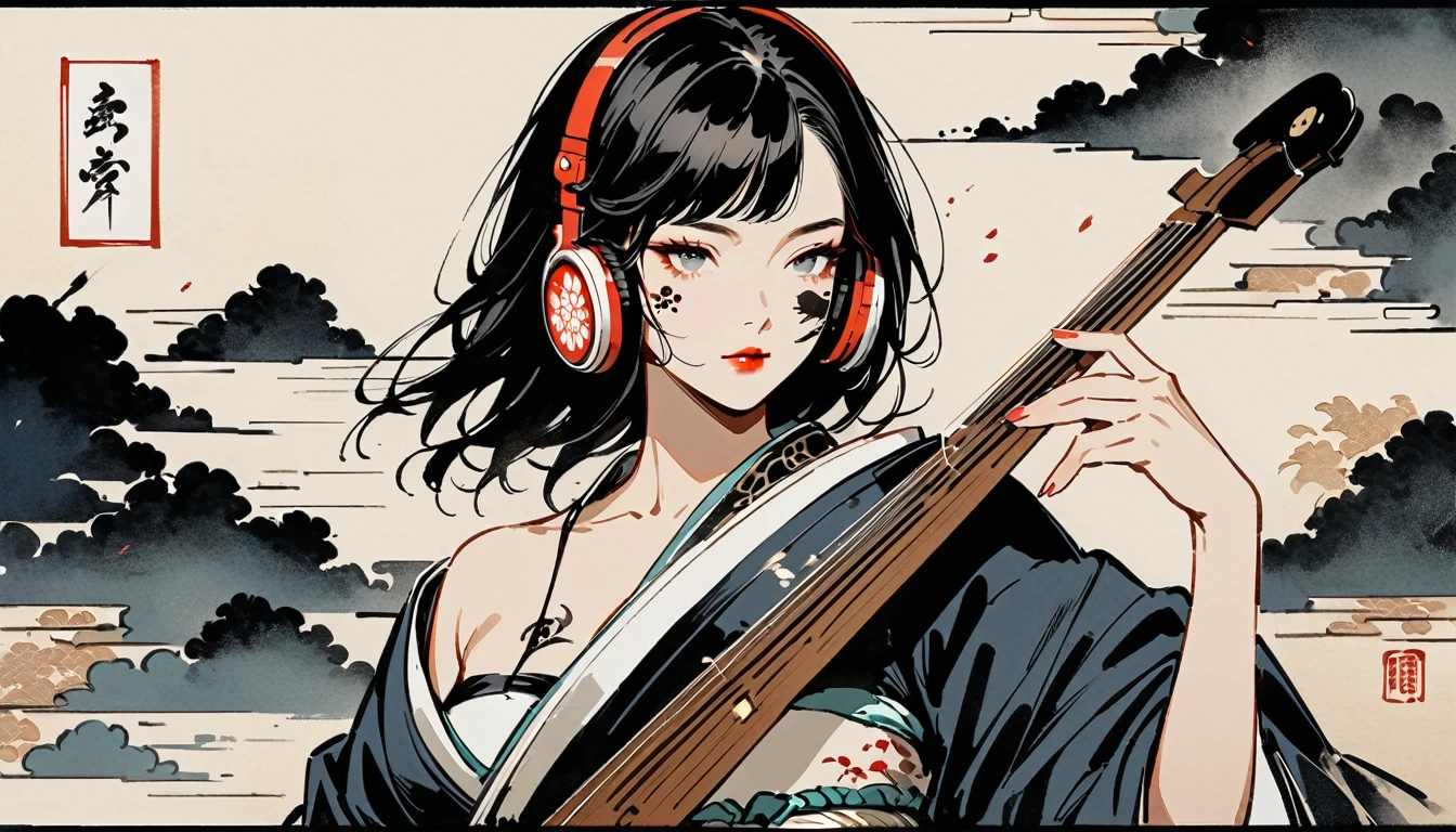 Ink Painting, (((1 person))), (((Tattoo on face))), (((Japanese String Instruments))), Japanese style headphones, beautiful girl, Black Hair, Delicate and precise, Modern ukiyo-e style