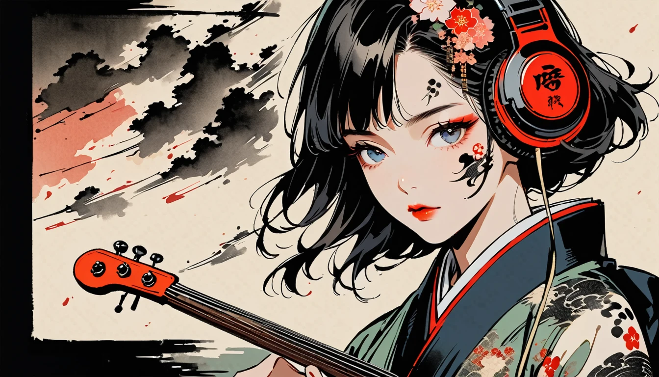 Ink Painting, (((1 person))), (((Tattoo on face))), (((Japanese String Instruments))), Japanese style headphones, beautiful girl, Black Hair, Delicate and precise, Modern ukiyo-e style
