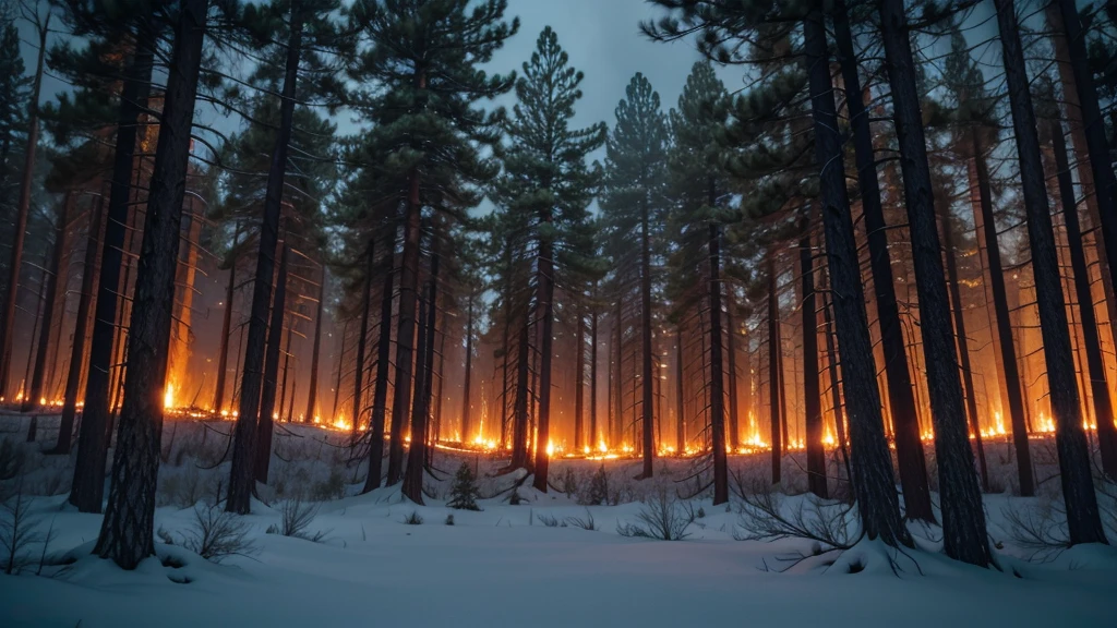 pine forest on fire during a blizzard