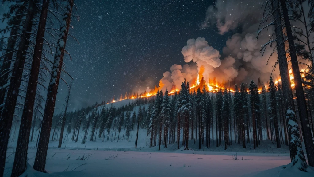 pine forest on fire during a blizzard