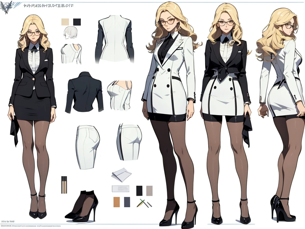 ((masterpiece)),(((best quality))),(character design sheet, same character, front, side, back), beautiful woman, glasses, long blonde hair, futuristic chic businness woman, white futuristic blazer, pencil skirt, stockings, garter, high heels, 