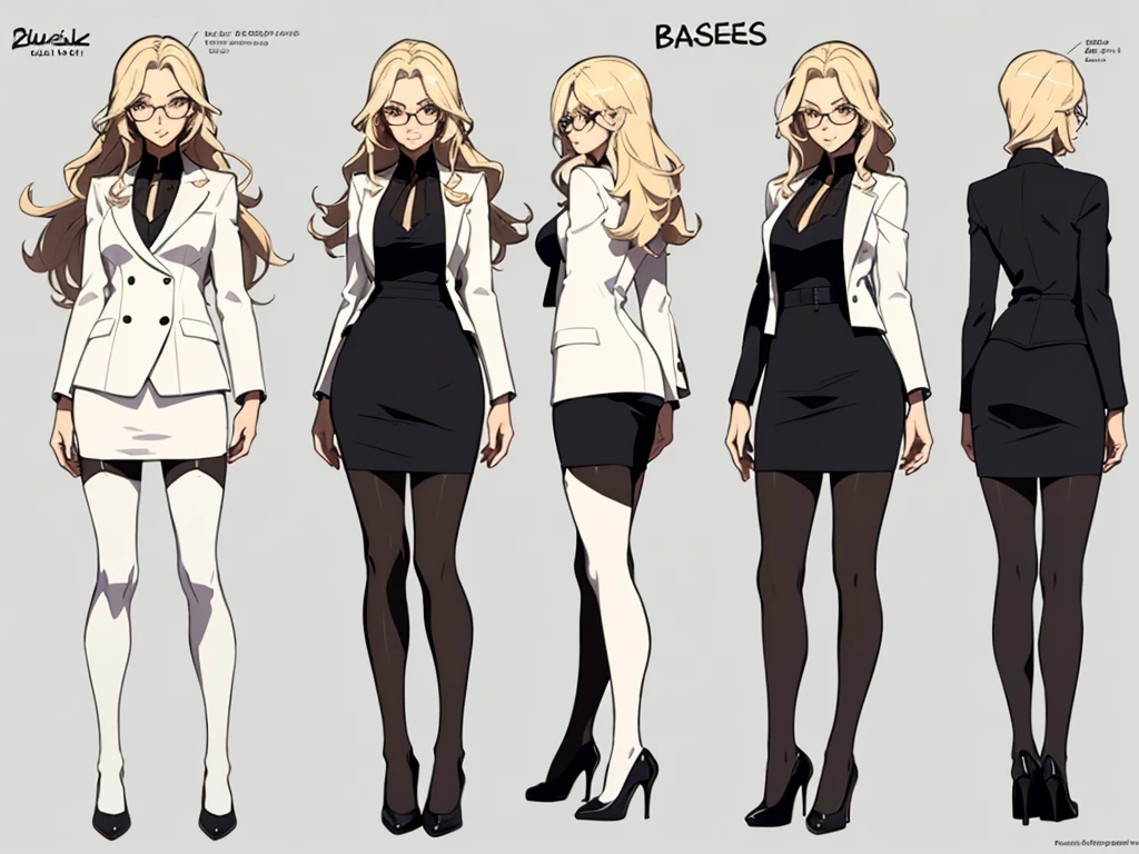 ((masterpiece)),(((best quality))),(character design sheet, same character, front, side, back), beautiful woman, glasses, long blonde hair, futuristic chic businness woman, white futuristic blazer, pencil skirt, stockings, garter, high heels, 