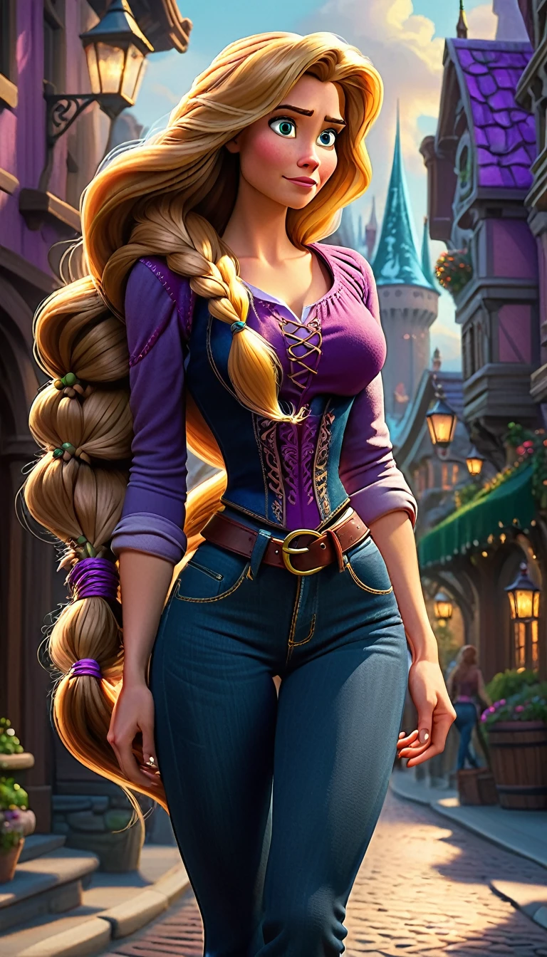 score_9, score_8_up, score_7_up, score_6_up, score_5_up, (high quality, detailed, beautiful), detailed soft lighting, rating_explicit, Disney's Rapunzel (muscular:0.8), long hair, walking around the streets of Arendelle, tight jeans and crop top, ultra detailed eyes, ultra detailed face, absurdres, masterpiece, best quality, high resolution.