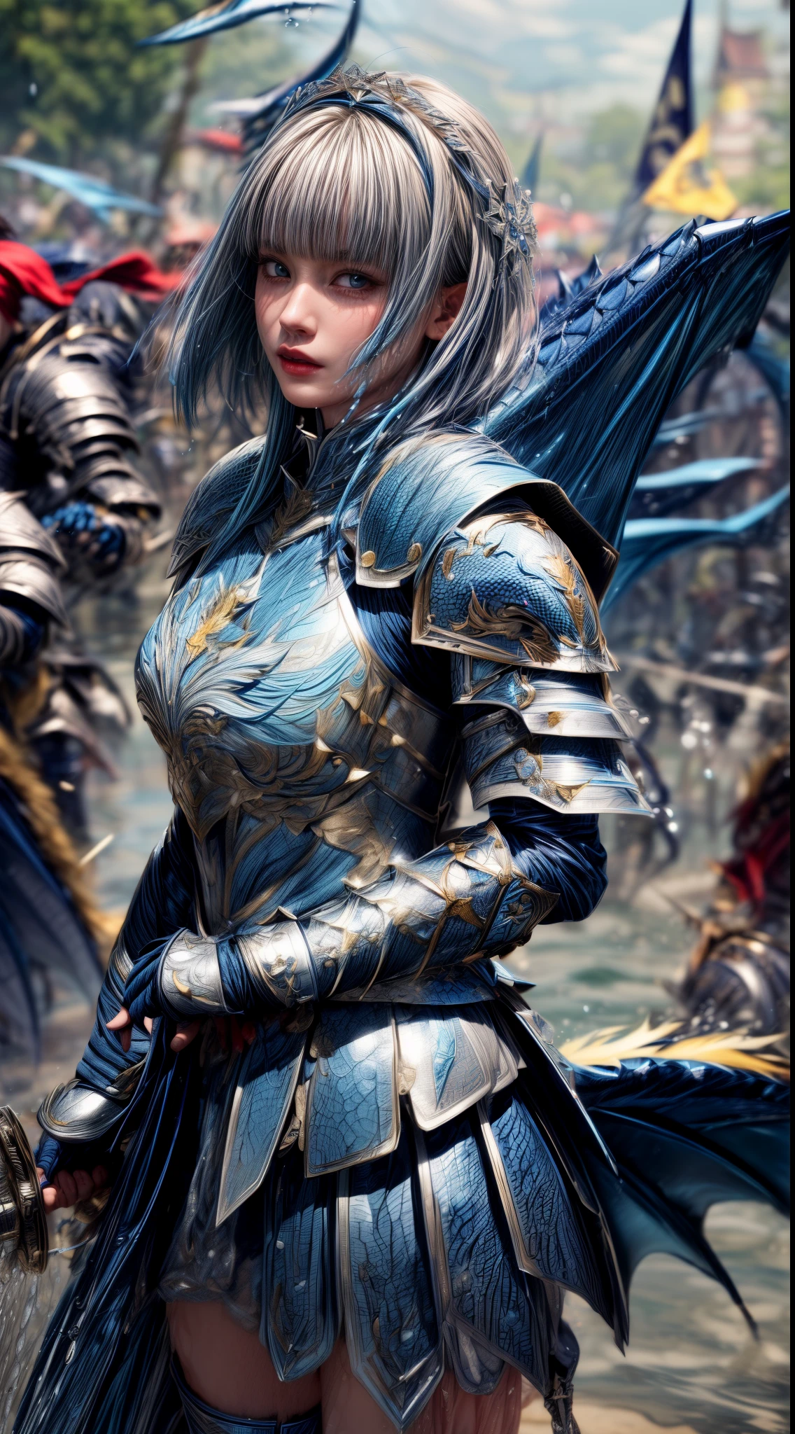 Very beautiful woman、Slender women、(Detailed face)、Realistic Skin、((Water Knight:1.1)), ((Dark blue armor))、((((Dark blue armor with very fine platinum detailing:1.5))))、((Delicate photo)),(Girl Astepeace RAW Photo Details:1.25), (Highest quality:1.6), (Ultra-high resolution:1.5), (Realistic:1.75), 8K resolution, Canon EOS R5, 50mm, Absurd, Super detailed,Cinema Lighting,((Fightfield))、((Fight))、(((White skirt with embellishments)))、Thigh-high socks、Shingard、((Light blue hair))、((Bowl cut hairstyle with bangs))、(Six Pack:1.1)、Cape、Beautiful Armor、(((Has a huge weapon)))、(In combat)、The wind is blowing、((Symmetrical armor))、((((splash:1.1))))、(((Leads a large group of blue knights:1.2)))、banner、(Armor with a dragon motif)、(((Battle Scenes)))、(blue Dragon)、((Browsing Caution:1.1))、(((Use the magic of water:1.2)))