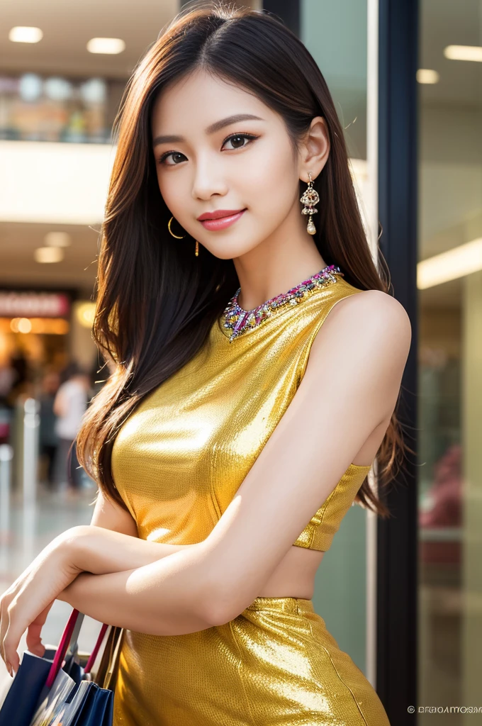 (masterpiece:1.4), (best quality:1.4), ultra high res, ultra high resolution, ((detailed facial features)), HDR, (realistic, photorealistic, photo-realistic:1.37), closeup, sexy seductive Thai woman, (seductive smile), long lashes, beautiful makeup, platinum blonde hair, fair skin, slender figure, elegant posture, wearing large sparkling colorful jewelery, wearing a business style leather dress, standing in a large shopping mall, gentle sunlight shining through the shopping mall windows, casting a soft glow on her face, adding warmth to the scene, vibrant colors, capturing the essence of vibrant city life, portrait style, showcasing her natural beauty and grace in a feminine way