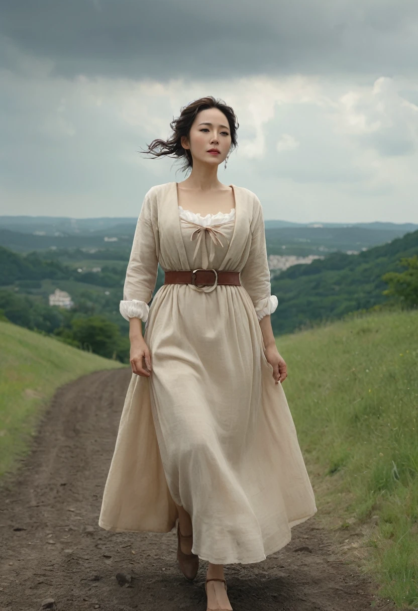 Highest quality、high detail、Ultra-realistic、「french revolution」A famous scene from、A beautiful woman runs up a hill with a French flag and a shotgun、White skin、My body is dirty in places with dust.、She is wearing a light beige dress with an open collar and frills.、Breast fully exposed、Super huge droopy udder、Erect nipples、Cloudy sky with dark clouds that look like it might rain,「Goddess of the French Revolution」,Japanese Mature,55 years old